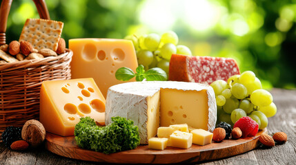 gourmet cheese board featuring variety of cheeses, fruits, and nuts, beautifully arranged with rustic basket in natural setting. Perfect for gatherings and celebrations