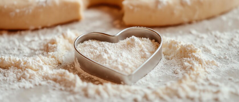 Heart-shaped cookie cutter on flour-dusted surface, surrounded by raw dough, evoking a sense of homemade baking and love in the kitchen.