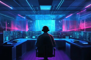 High-tech control room with a focused operator surrounded by multiple computer monitors in a futuristic environment
