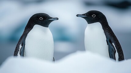 Fototapeta premium Two charming penguins face each other amidst a snowy landscape, showcasing their unique features and playful demeanor., Copy space