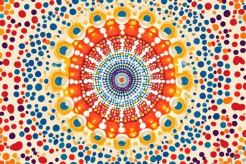 Vibrant circular pattern with colorful dots and intricate designs in a symmetrical arrangement on a light background