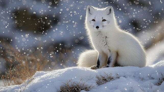 Arctic Fox in the Snow An Arctic fox with its dense, white winter coat sitting quietly on a snow-covered hill,, Copy space - Powered by Adobe