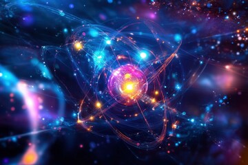 Obraz premium Colorful abstract depiction of atomic structure with glowing particles in a dark cosmic background