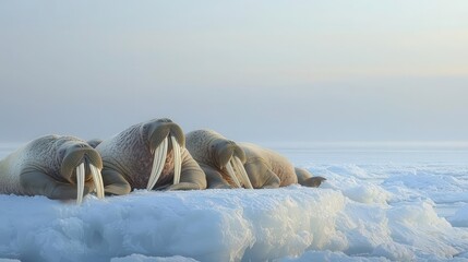 Fototapeta premium Walruses resting on an ice floe under soft blue light, showcasing their unique tusks and tranquil environment., Copy space