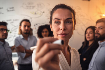 Woman leading a team in a creative brainstorming session, symbolizing innovation