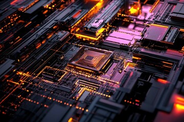 Obraz premium Circuitry illuminated with vibrant orange and purple lights showcasing intricate details of technology and innovation