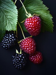 Raspberries and leaves on black background