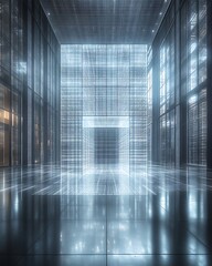 Futuristic server room interior with glowing data.