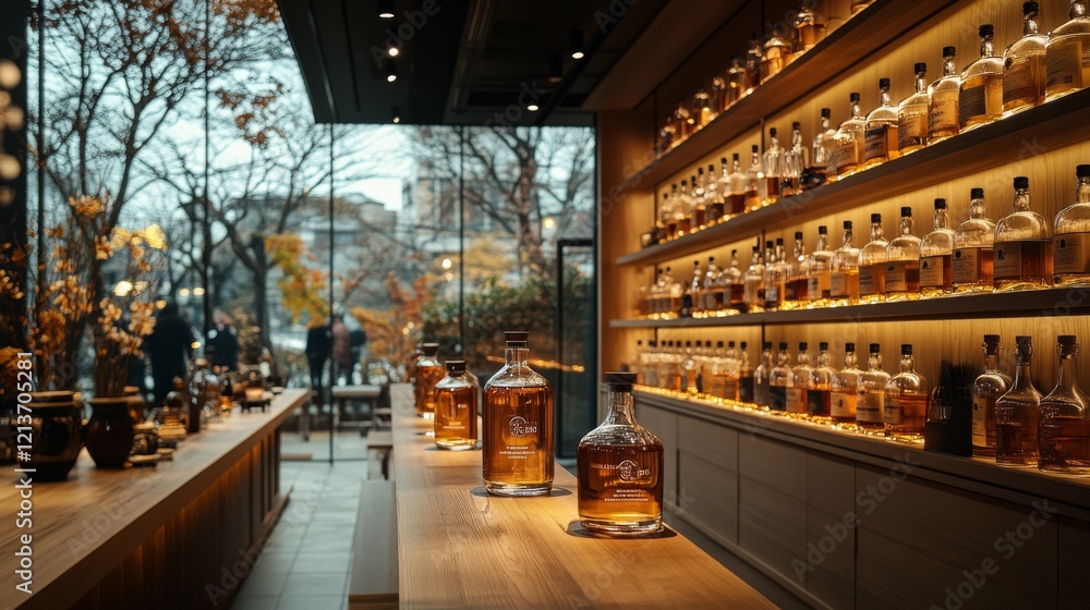 Poster a refined whiskey tasting room features shelves lined with exquisite bottles. warm lighting enhances
