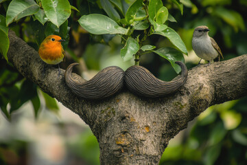 A mustache growing into a tree, with birds perched playfully on its branches