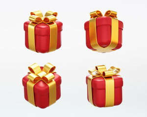Set of realistic 3D red gift boxes in multiple angle isolated on white background. 3D render of cute surprise box. Christmas, birthday, ads, promotion. Present box with bows ribbons. 3D Illustration