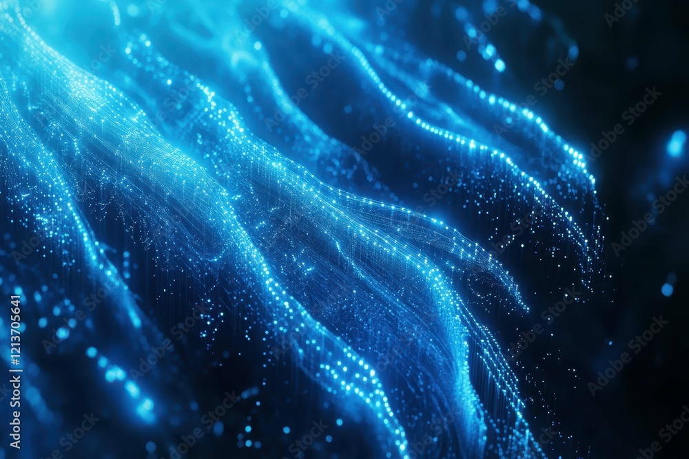 Poster blue glowing waves of light flow dynamically in an abstract digital display, creating a mesmerizing 