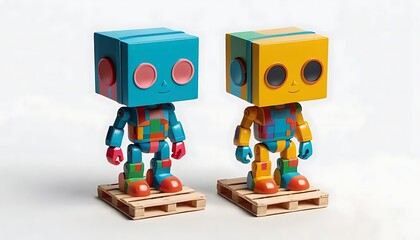 Colorful Block Robot Toys on Pallet Collectible Figures