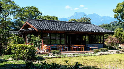 Serene Mountain House: Asian-inspired architecture nestled in nature. Peaceful landscape, stunning views.