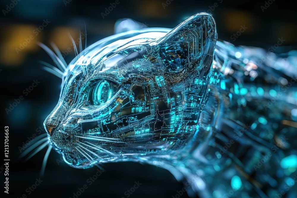 Poster futuristic transparent cat with glowing circuitry details captured in digital art context showcasing