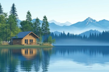 Obraz premium Quiet lakeside cabin surrounded by mountains and lush greenery in the early morning light
