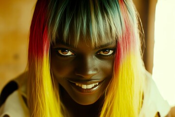 Fototapeta premium Commercial ad campaign concept. Pretty smiling black girl - for ads, advertisement and internet use. Long haircut - highlighted hair. Black female model. Stunning black model. Black beauty.