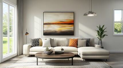 Modern sectional sofa in sunlit living room, showcasing artwork, plants, and garden view