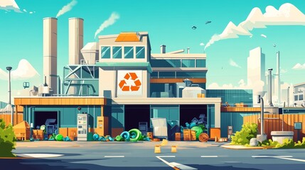 Futuristic Recycling Plant with Circular Processing Lines - Semi-Realistic Illustration of Green Technology for Sustainable Development