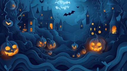 Festive Halloween Night with Haunted Houses and Glowing Pumpkins