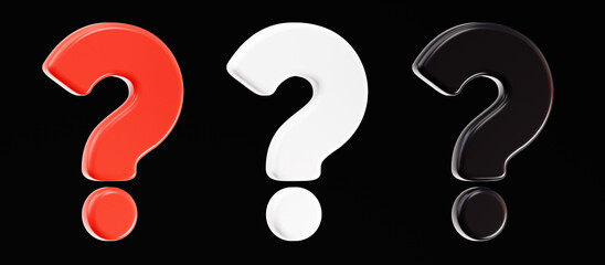 3D set of red, white, and black question mark isolated on black background. FAQ problem solution symbol or icon. Have a question, question answer sign or problem. Realistic 3D illustration