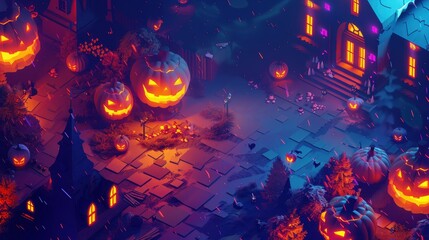 Colorful Halloween Festival Scene with Pumpkins and Decorated Houses