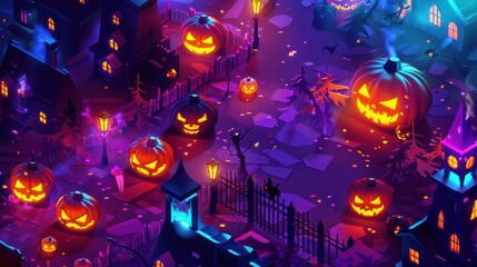 Nighttime Halloween Festive Illustration with Pumpkins and Ghostly Lanterns