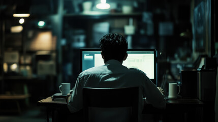 man working on computer in dimly lit room, focused on his task. atmosphere is calm and contemplative, with coffee cups nearby