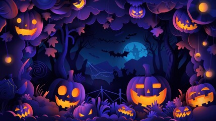 Festive Halloween Background with Pumpkins and Night Sky Illustration