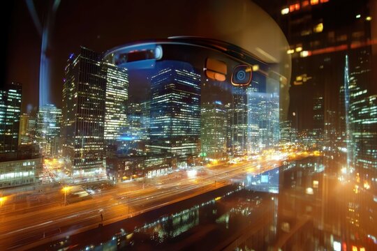 City skyline showcases illuminated skyscrapers and bustling roads at night, creating an urban spectacle full of energy and life
