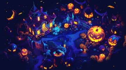 Colorful Halloween Festival Scene with Pumpkins and Haunted House