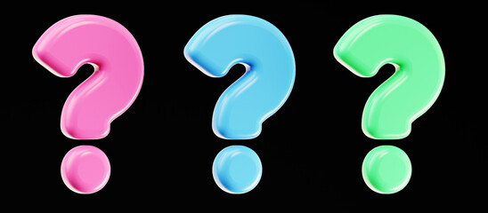 3D set of pink, blue, green colors question mark isolated on black background. FAQ problem solution symbol or icon. Have a question, question answer sign or problem. Realistic 3D illustration