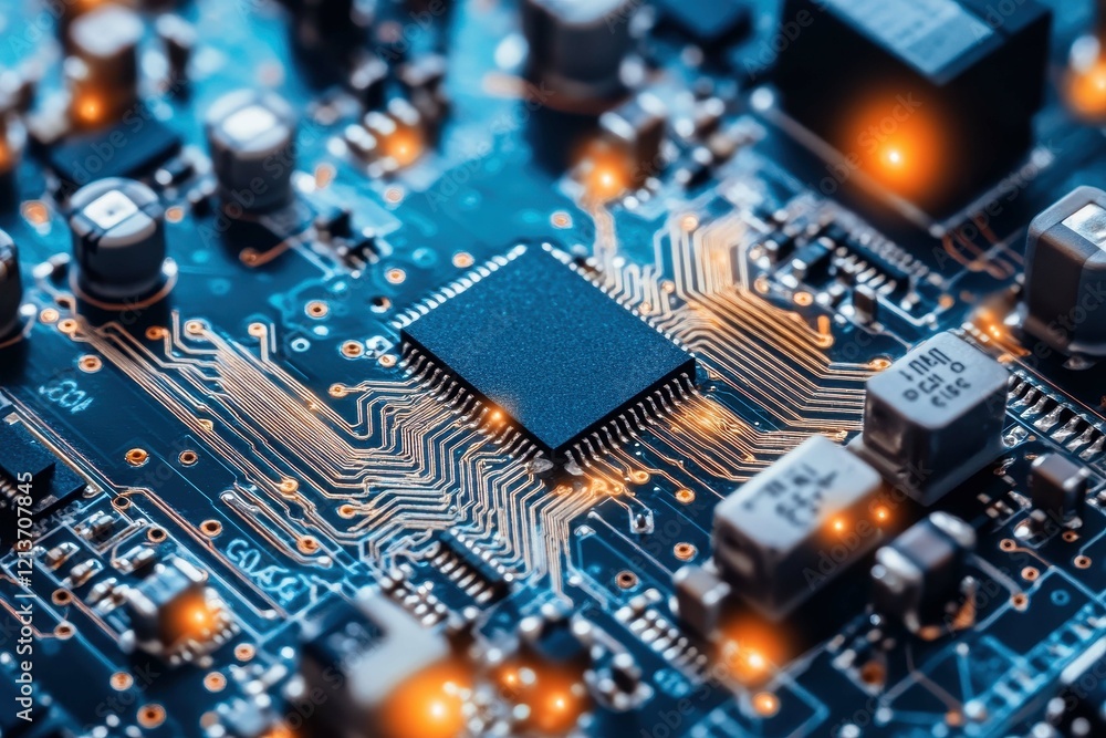 Poster close-up view of a circuit board with complex pathways and glowing components during nighttime