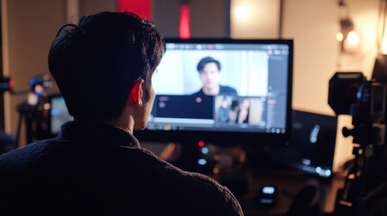 person engaged in video call, focused on screen with multiple cameras and equipment in modern workspace. atmosphere is professional and tech savvy