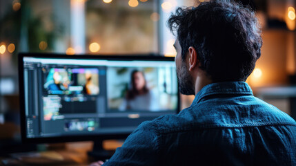 man working on video editing project, focused on his computer screen displaying multiple video feeds. warm lighting creates cozy atmosphere, enhancing creativity