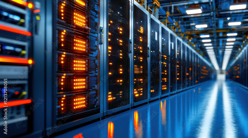 Poster modern IT center featuring advanced digital technology and analytics, showcasing rows of illuminated server racks in high tech environment