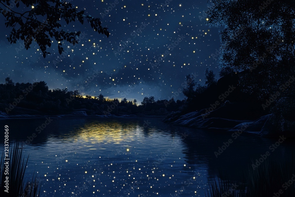 Wall mural Starry night sky reflects on tranquil lake surrounded by trees at dusk