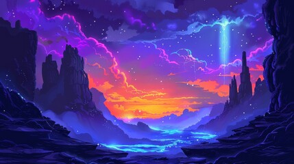 Vivid Abstract Illustration of a Fantasy Canyon Landscape at Dusk