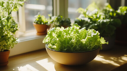 Fresh lettuce in a bright kitchen with sunny windows and potted herbs