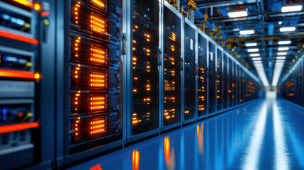 modern IT center featuring advanced digital technology and analytics, showcasing rows of illuminated server racks in high tech environment
