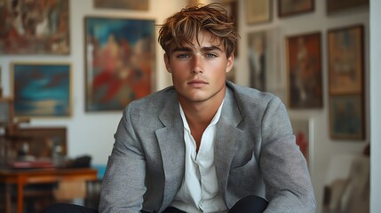 Fototapeta premium Handsome young man in gray blazer, art gallery background.