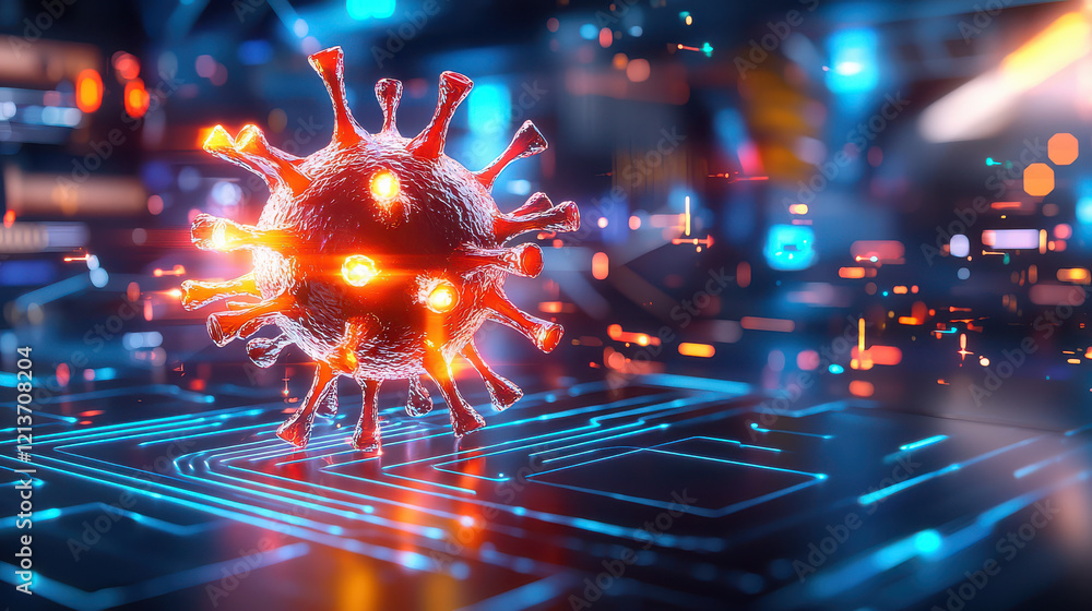 Leinwandbilder digital representation of virus with glowing features, set against futuristic background of technology and circuits, symbolizes modern virus detection and research