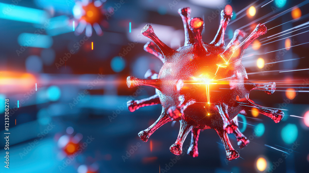 Poster detailed illustration of virus with advanced technology elements, showcasing vibrant colors and dyna