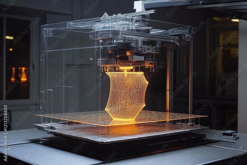 Aufkleber 3d printing process showcasing advanced technology in a modern workshop during evening hours