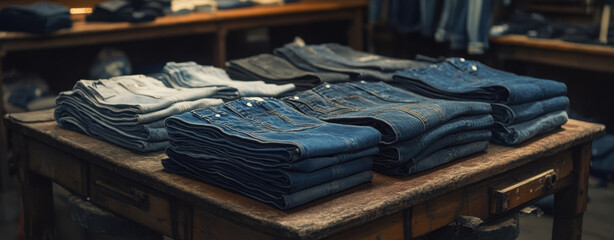 collection of jeans in various washes and styles displayed on wooden table, showcasing different shades of blue and gray denim. atmosphere is casual and inviting
