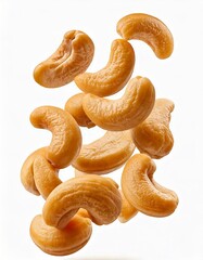 cashew nuts floating, isolated on white background