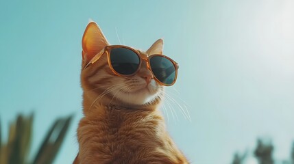 Playful ginger cat wearing sunglasses, exuding cool charm and modern style