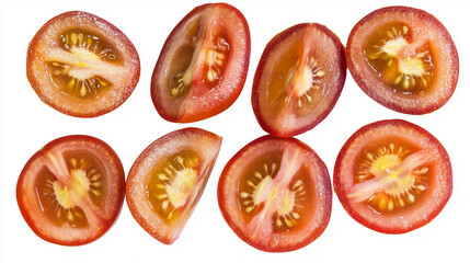 Freshly sliced cherry tomatoes arranged meticulously on a white background