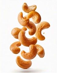 cashew nuts floated, isolated on white background