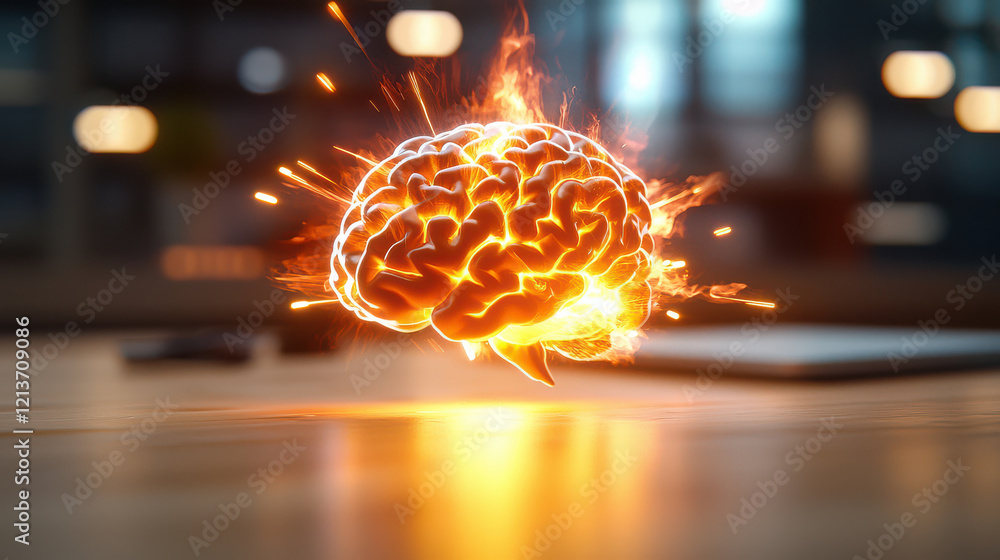 Aufkleber conceptual image of glowing brain surrounded by sparks and light, symbolizing artificial intelligence and creativity. vibrant colors evoke sense of innovation and energy